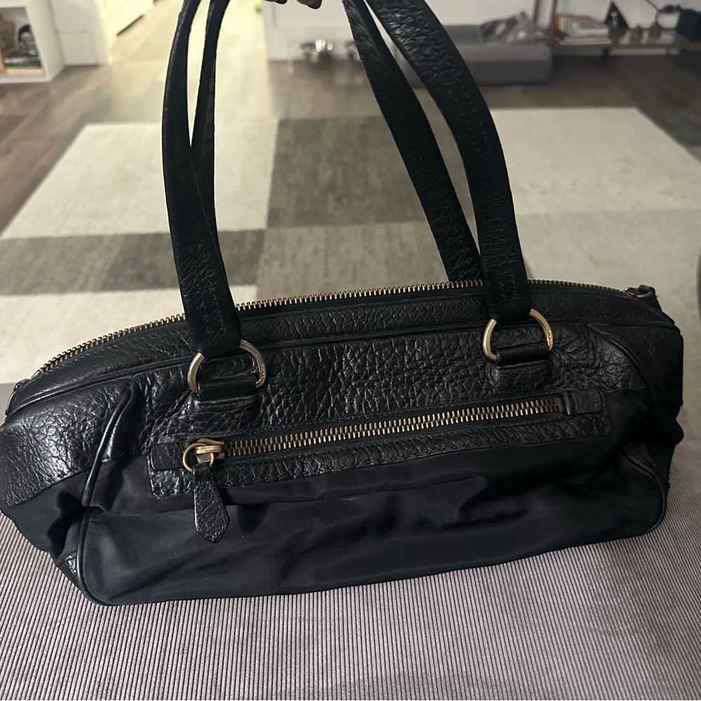 Prada Vitello Trimmed Tessuto Bowler Bag Satchel Shoulder Handbag